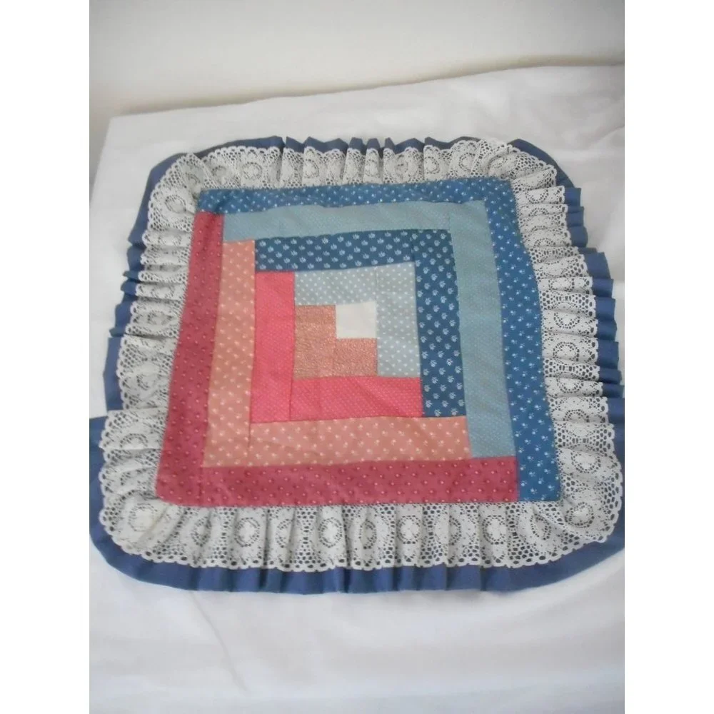 Vtg Handmade Quilted Amish Log Cabin Pattern Throw Pillow cover Blue 17 X 17